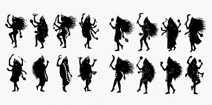 Set of Kali Maa silhouettes in various poses, Hindu goddess of time, creation, destruction, and power.