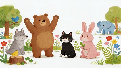 Naklejka premium Sunny Forest Friends: Adorable Animal Gathering in Nature