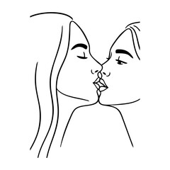 Dibujo con líneas de una pareja lesbiana romántica desnuda besándose. Novias enamoradas para tarjetas y felicitaciones de San Valentín © teracreonte