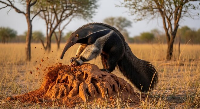 Aardvark breaking termite mound on savannah