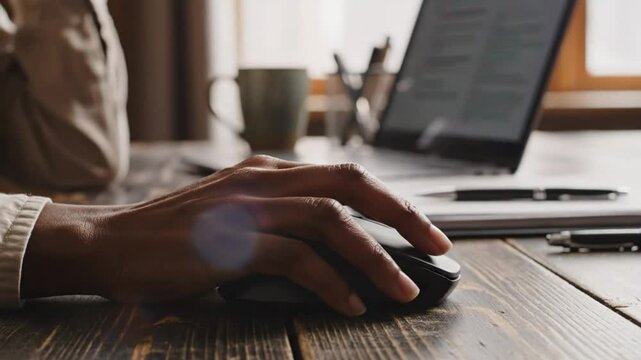 Focused hand navigates computer mouse on wooden desk near open laptop and coffee mug during work or study