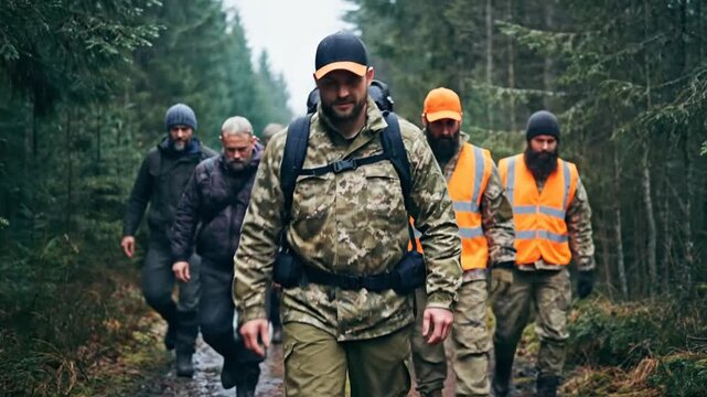 Five hikers wearing backpacks and waterproof jackets walk along a muddy forest trail