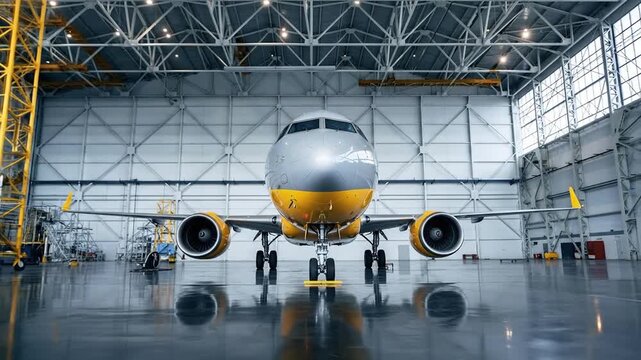 Commercial airplane parked inside a large aircraft hangar with its lights on