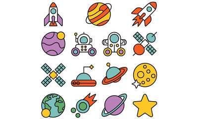 Fototapeta premium Colorful cartoon space icons collection featuring rockets planets satellites and stars in a fun and playful design for kids and educational purposes in a visually appealing arrangement 