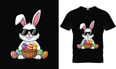 Cool Easter Bunny T-Shirt Design | Funny rabbit wearing sunglasses holding colorful egg basket cartoon tshirt vector illustration logo for kids Easter apparel, playful typography
