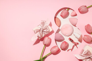 Fototapeta premium Spring elements and gifts surround the number 8 for Women's Day