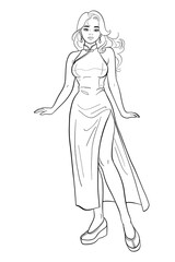 Elegant Woman in Long Qipao Cheongsam Line Art.Graceful woman posing in a long Chinese Qipao with a high slit. Themes: traditional fashion, oriental elegance, cultural heritage, and formal beauty.