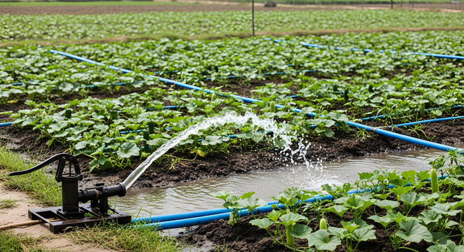 Water Pump and Blue Pipes Irrigating a Vegetable Farm Field in B