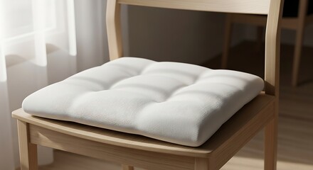 Cushioned chair pad on a wooden chair by a window in soft natural light