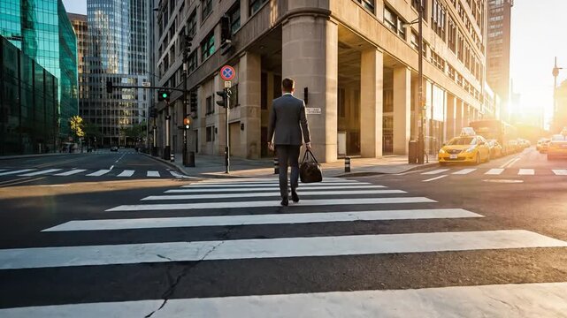 A businessman walking across a busy city crosswalk at sunrise, symbolizing ambition and the start of a new day