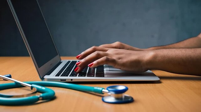 Hands typing on a laptop with a stethoscope nearby, representing medical technology and remote healthcare