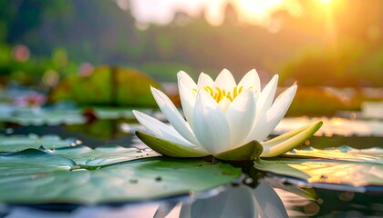 White Water Lily Flower in Pond at Sunrise.