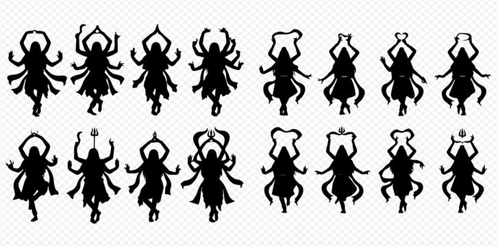 Set of various Hindu deities and goddesses in silhouette, representing different forms and poses, isolated on a transparent background.