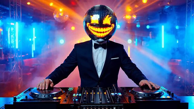DJ in disco ball mask at turntables