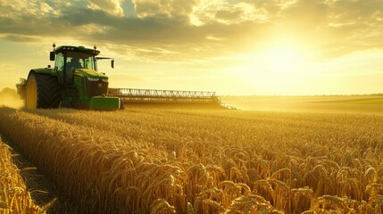 Fototapeta premium Combine harvester operates in golden wheat field large machine harvests wheat crop under clear sky