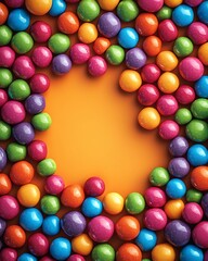 Obraz premium Candy spheres frame: A vibrant array of colorful candy spheres surrounds an inviting open space, creating a visual feast of playful colors and tempting textures. 