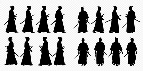 Samurai warriors in traditional Japanese attire with katanas, depicted in various silhouette poses. © Adji