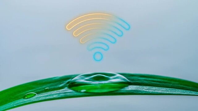 A macro shot of a dewdrop on a blade of grass with a glowing Wi-Fi signal above it