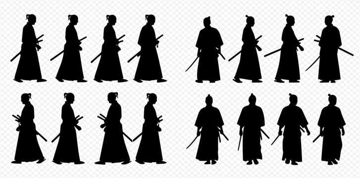 Samurai warriors in traditional Japanese attire with katanas, depicted in various silhouette poses.