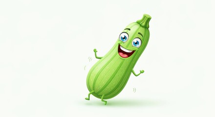 Naklejka premium Zucchini Cartoon Character Dancing Joyfully on a Simple White Background with Lively Expressions