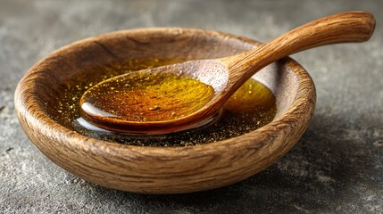 Vinaigrette styled with wooden spoon, rustic kitchen countertop