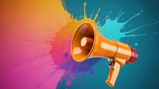 Vibrant orange megaphone with colorful paint splatters background, public announcement