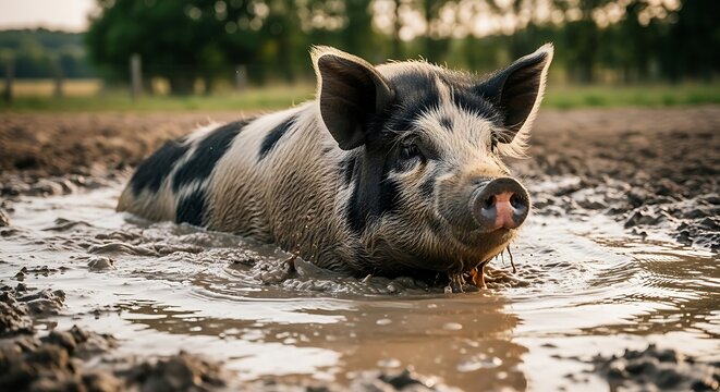 Pig Relaxing in Muddy Puddle on Farm