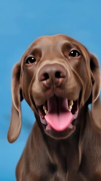 Close-up portrait of brown German Shorthaired Pointer against blue background