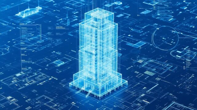 3D architectural blueprint of a skyscraper
