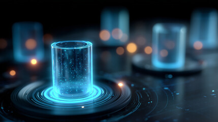 Obraz premium Database settings futuristic holographic visualization above laptop. 