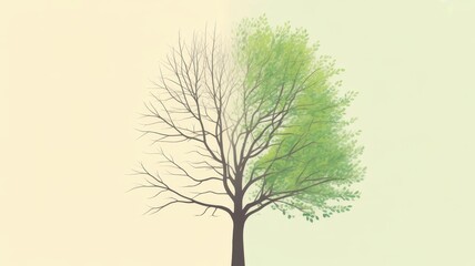 Fototapeta premium Stylized illustration of a tree showing the seasonal change from bare branches to lush green leaves on a split background