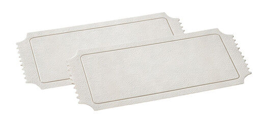 Two blank white embossed tickets mockup, isolated on transparent cutout background