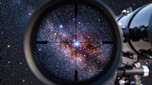 View through telescope reticle at vibrant, star-filled nebula with distant galaxies
