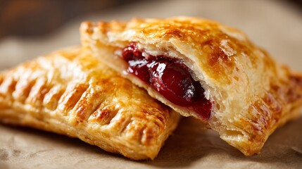 Cherry hand pies close-up focusing on flaky pastry layers, shallow depth of field