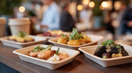 Obraz premium Sophisticated compostable trays exhibiting a selection of gourmet appetizers during a corporate event promoting green initiatives. Sleek venue setting with stylish decor, ambient lighting, and
