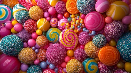 Fototapeta premium Colorful Candy World: A dazzling array of colorful candies in various shapes and sizes fills the frame, creating a visual feast of sweetness and delight. 