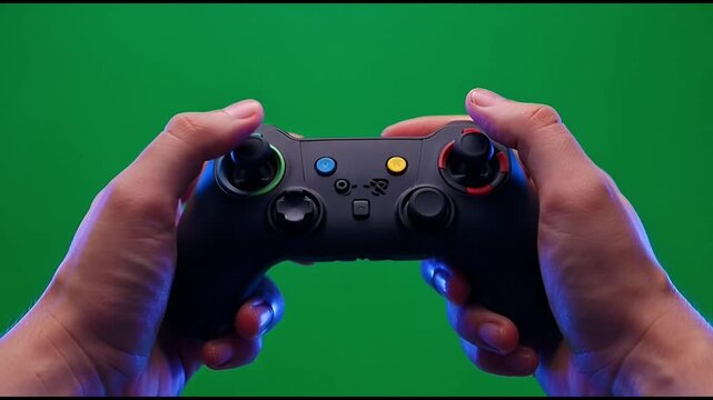 Close up on hands playing video game controller with green screen background