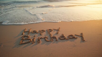 Obraz premium Happy Birthday message written in sand on serene beach at sunset