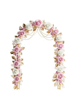 An ornate golden arched frame meticulously decorated with soft pink and white rose and accent floral blossoms, golden leaves, and beads, on a transparent background with copy space, studio lit.