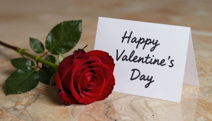 Romantic Valentine's Day setup with red rose and greeting card