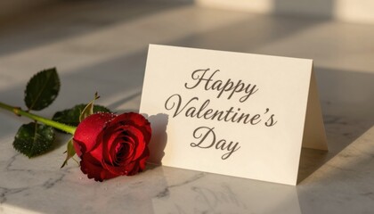 Romantic Valentine's Day setup with red rose and greeting card