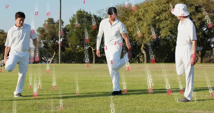 Third player coming, joining cricket team doing stretches to squats, binary rain around for warmup