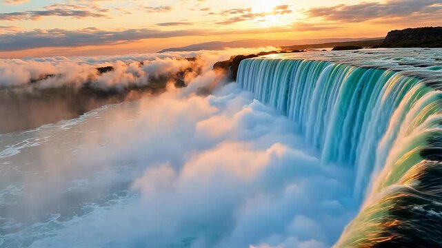 Waterfall at sunset with clouds