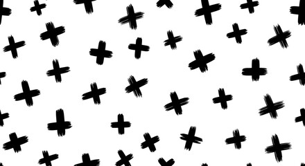 A simple, abstract pattern of scattered black hand-drawn plus signs on a clean white background, creating a minimalist and modern design.