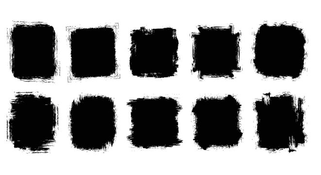 Set of ten black grunge square shapes with distressed edges, resembling brush strokes or ink blots, isolated on a white background.
