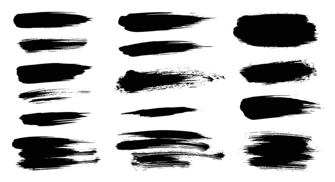 A collection of various black ink brush strokes and paint smears on a white background, showcasing different textures and styles.
