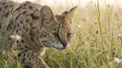 Obraz premium A Serval Cat Stalks Through Dewy Grasslands in an African Savanna