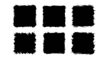 Six black textured square brush strokes with rough, grunge edges arranged in a grid on a clean white background, ideal for graphic design elements. © Avoxel