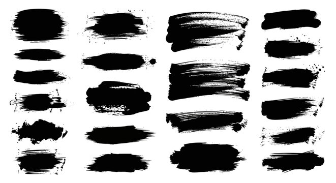 A collection of various black grunge paint brush strokes and ink splatters on a white background, suitable for graphic design elements.