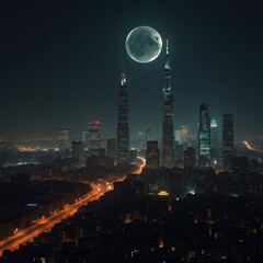 Wide city skyline illuminated by full moon at night